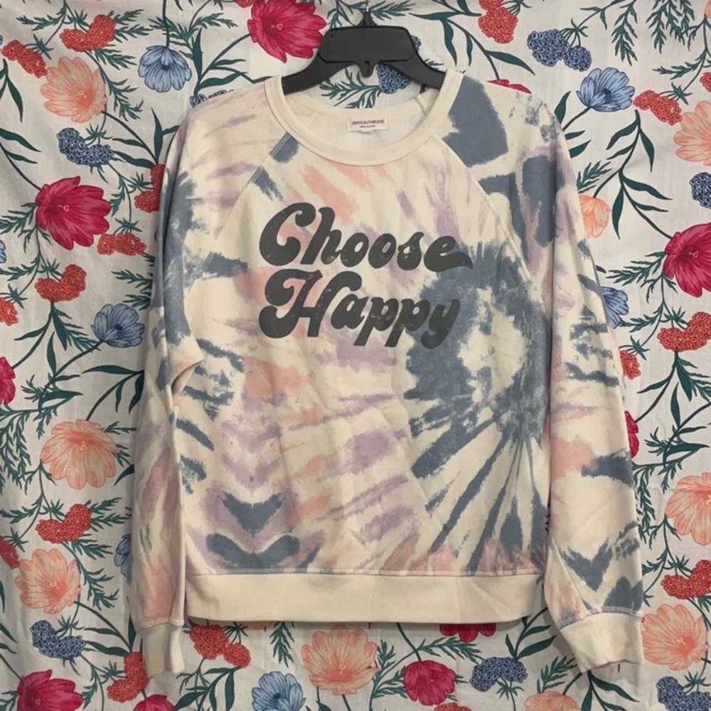 Grayson Threads Tie-Dye 'Choose Happy' Sweater - Pink, Blue, Cream sz S oversz